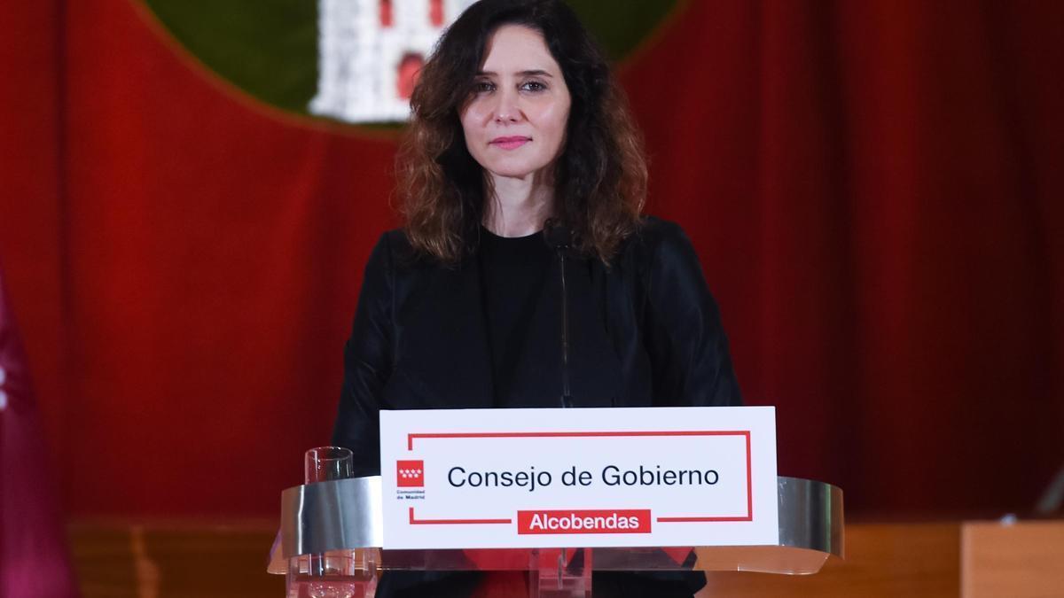 La presidenta de la Comunidad de Madrid, Isabel Díaz Ayuso, en Alcobendas.