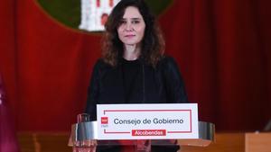 La presidenta de la Comunidad de Madrid, Isabel Díaz Ayuso, en Alcobendas.