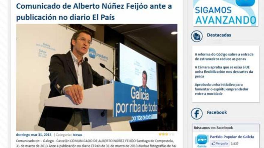 Captura  de la web del PPdeG en la que se muestra el comunicado