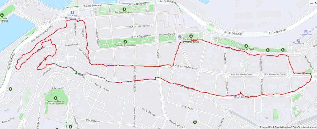 Recorrido aproximado de la San Silvestre de Vigo, con salida y llegada en Porta do SOl