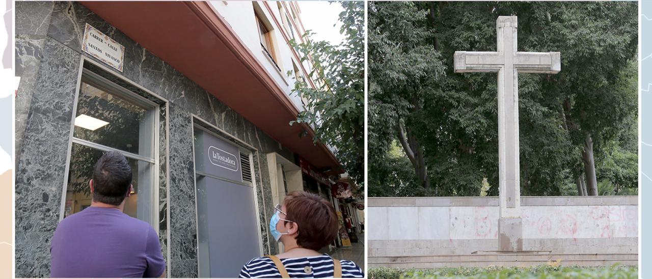 Placa con la calle Santos Vivanco y la cruz del parque Ribalta.