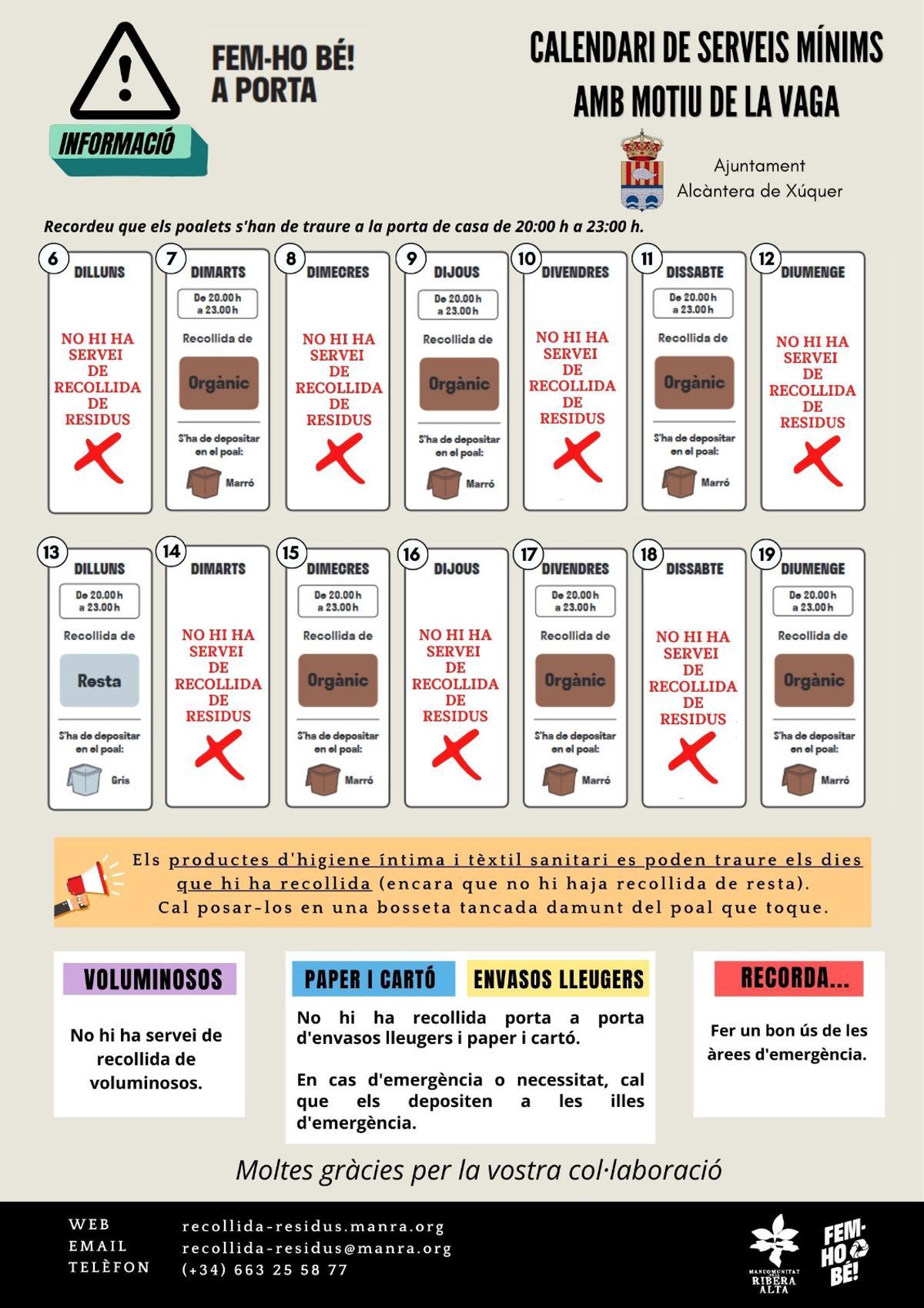 Calendario de servicios mínimos en la Barraca d'Aigües Vives.