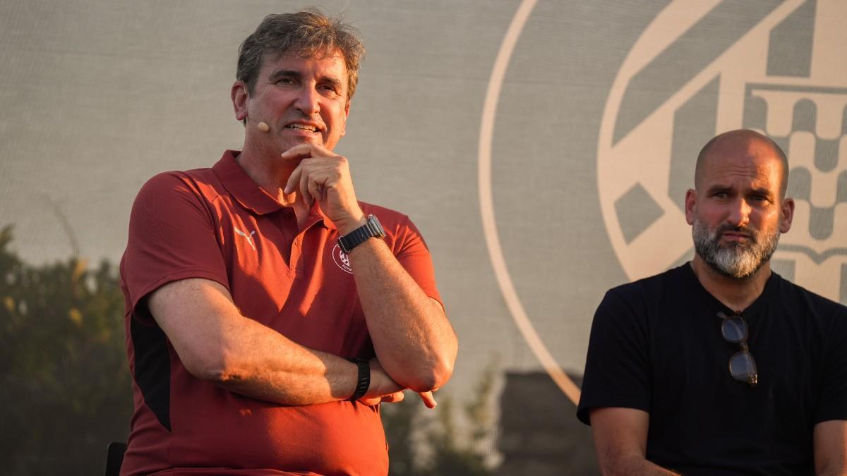 Ferran Soriano y Pere Guardiola, en el encuentro con patrocinadores y empresarios en Mas Batlle
