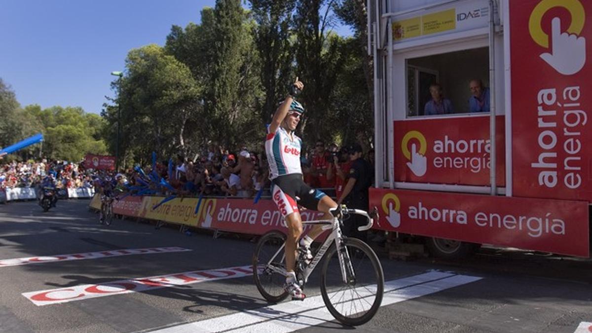 Philippe Gilbert celebra la victoria en la tercera etapa de la Vuelta.