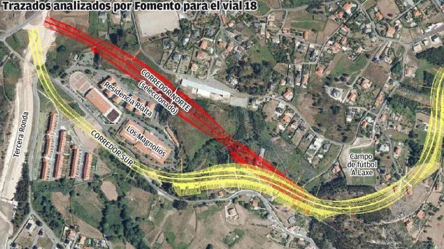 Trazados que Fomento analizó para el proyecto de construcción del Vial 18.