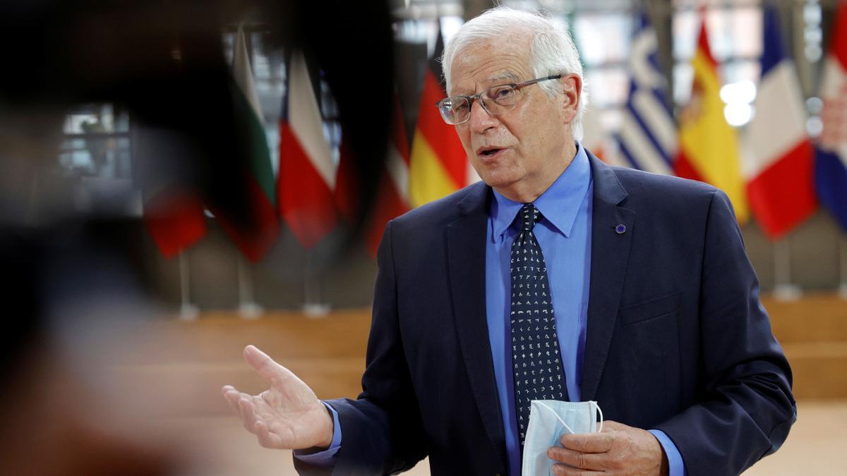 European Union foreign policy chief Josep Borrell speaks with the media as he arrives for the EU foreign ministers meeting at the European Council building in Brussels, Belgium May 10, 2021. Olivier Matthys/Pool via REUTERS