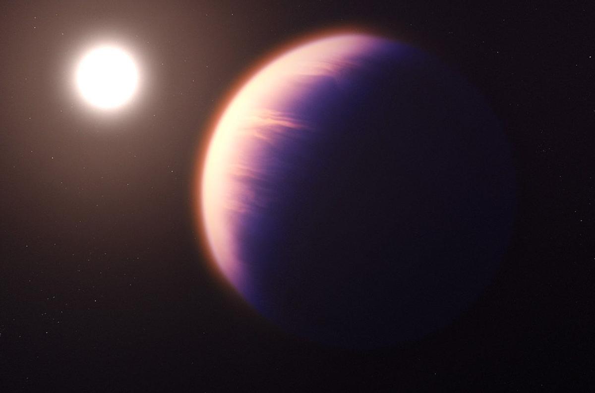 Representación artística del exoplaneta WASP-39b del tamaño de Saturno, a 700 años luz de distancia.