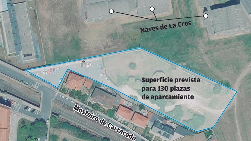 Superficie prevista para habilitar 130 plazas en O Burgo, entre La Cros y la iglesia.