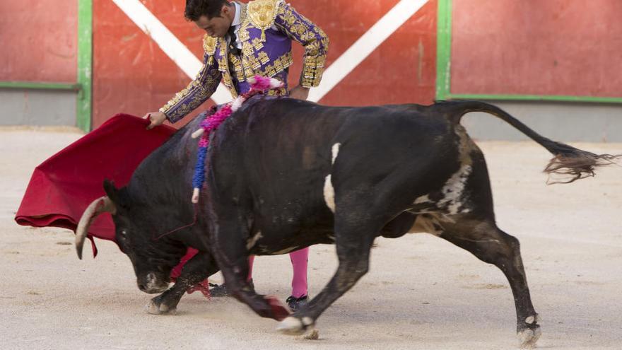 David Fernández, embarcando en un derechazo al novillo. ENRIQUE SOLER