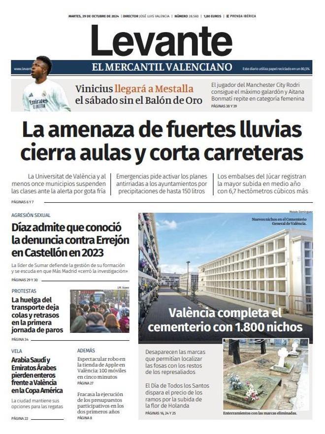Portada del periódico Levante-EMV publicada el 29 de octubre
