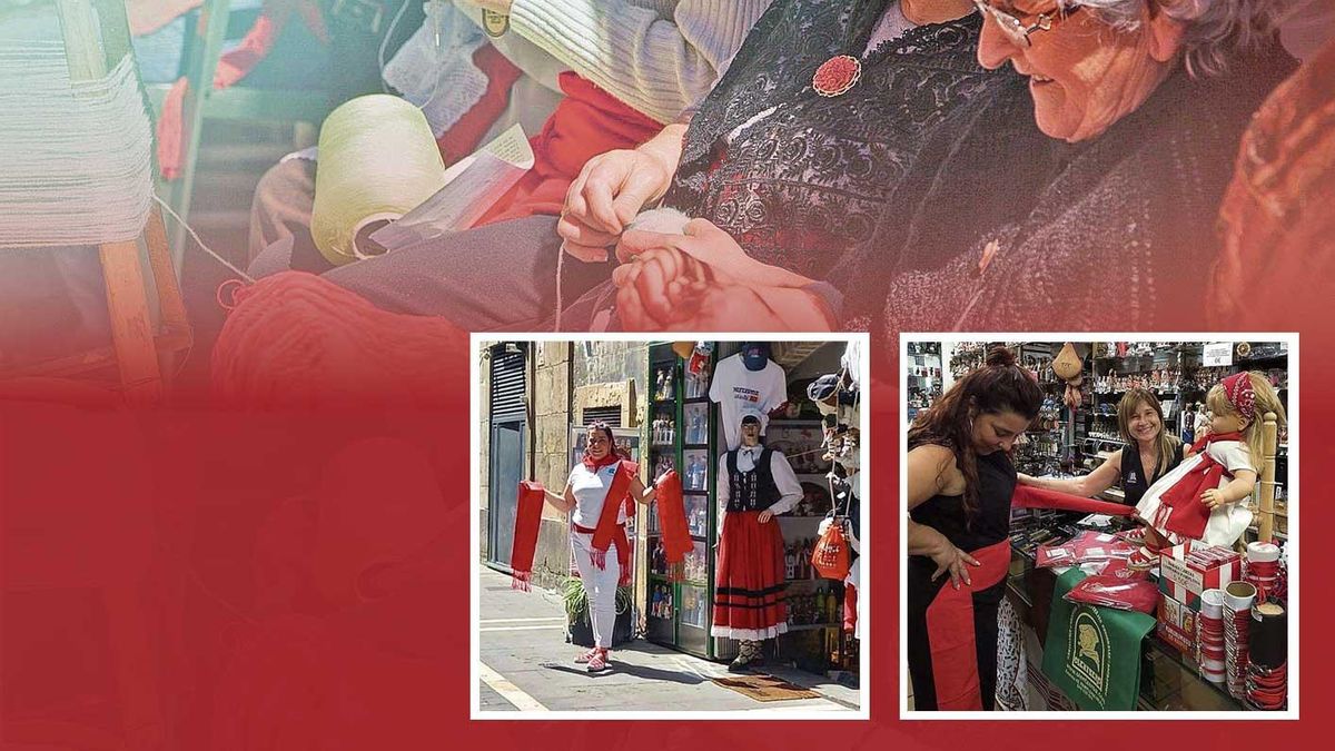 En la imagen superior, rematado a mano de las fajas por gente mayor de la comarca de Els Ports. En las dos fotos inferiores, la tienda Olentzero, situada en la calle Estafeta de Pamplona, que vende productos de Els Ports.