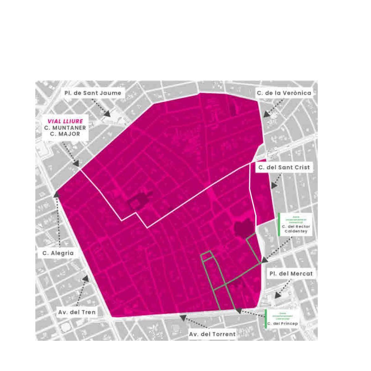 Mapa con la ZPR delimitada en el centro de Manacor. |