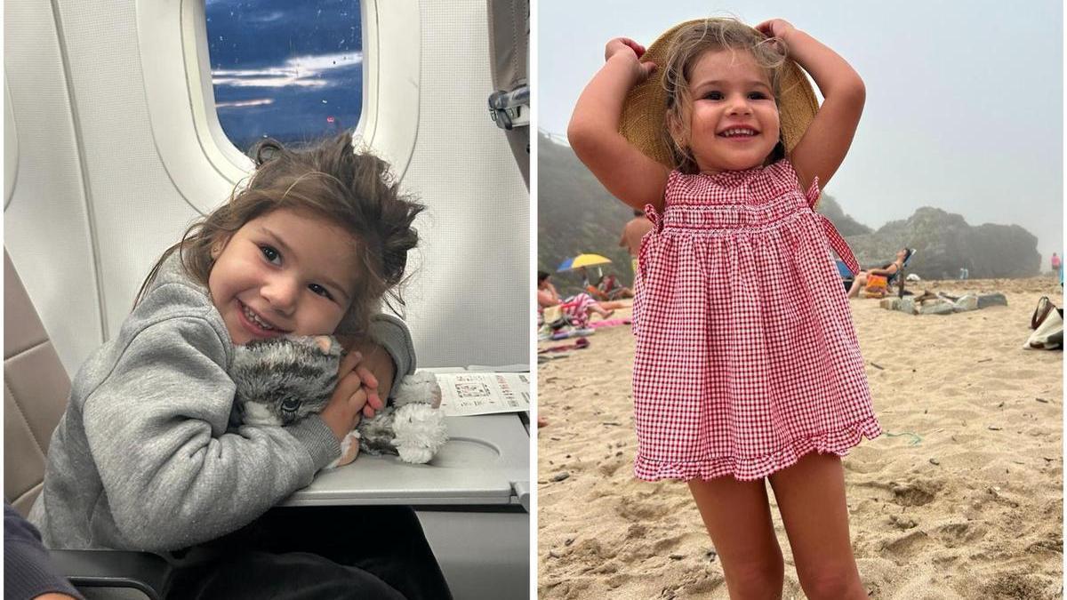 Carlota Senís, la pequeña afectada, en el avión rumbo a Eslovenia y en la playa de Tapia.