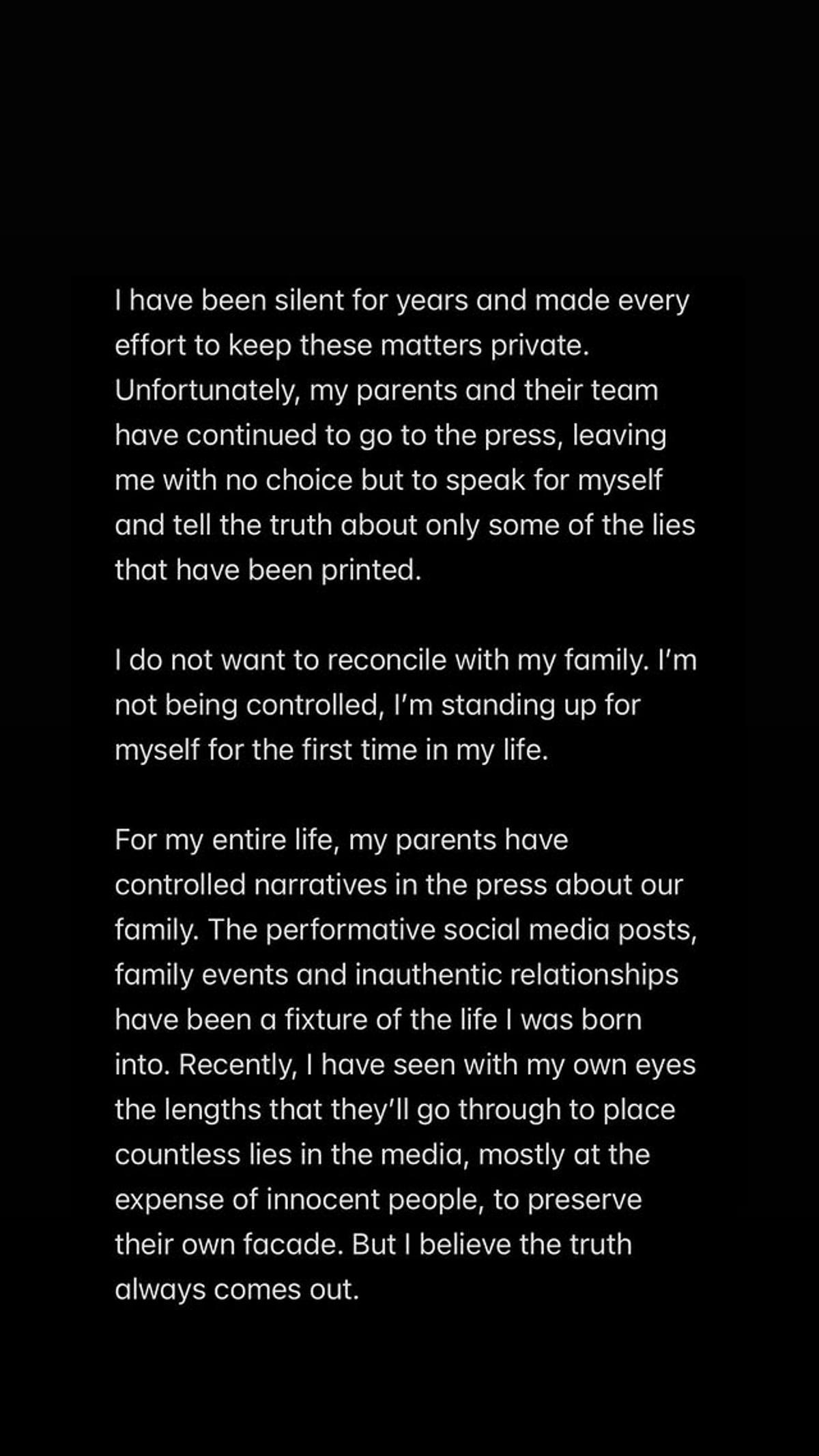 Historia de Instagram de Brooklyn Beckham, en contra de su familia.