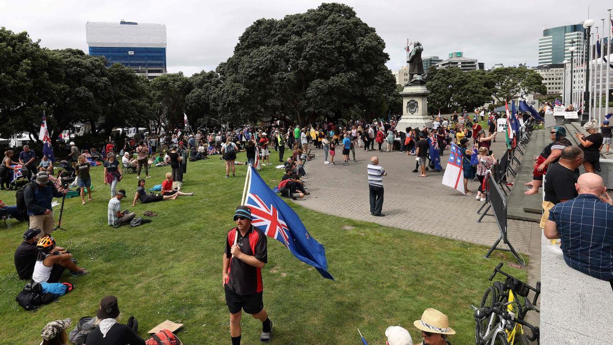 Manifestantes antivacunas en Wellington, Nueva Zelanda.