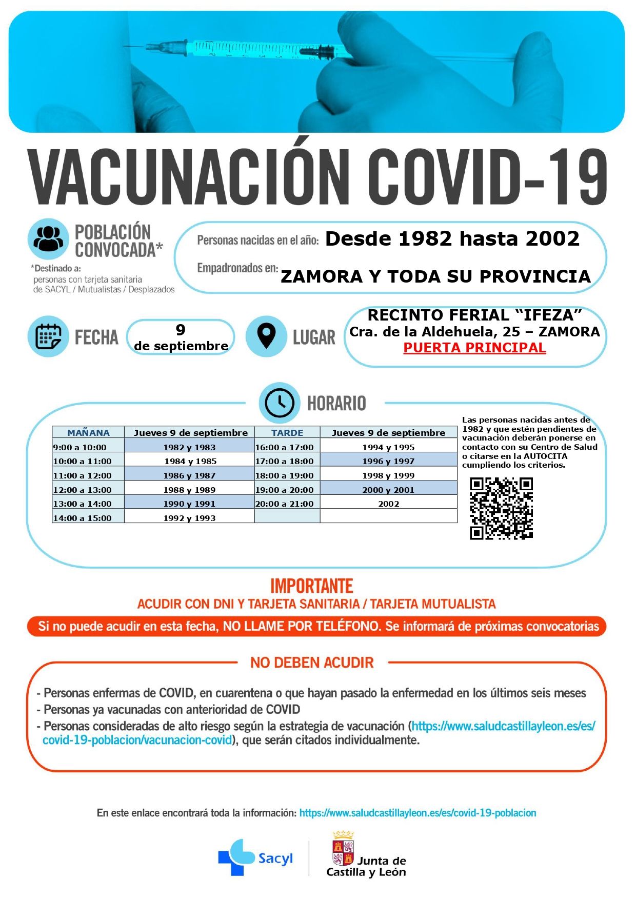 Calendario de vacunación en Zamora para el 9 de septiembre.