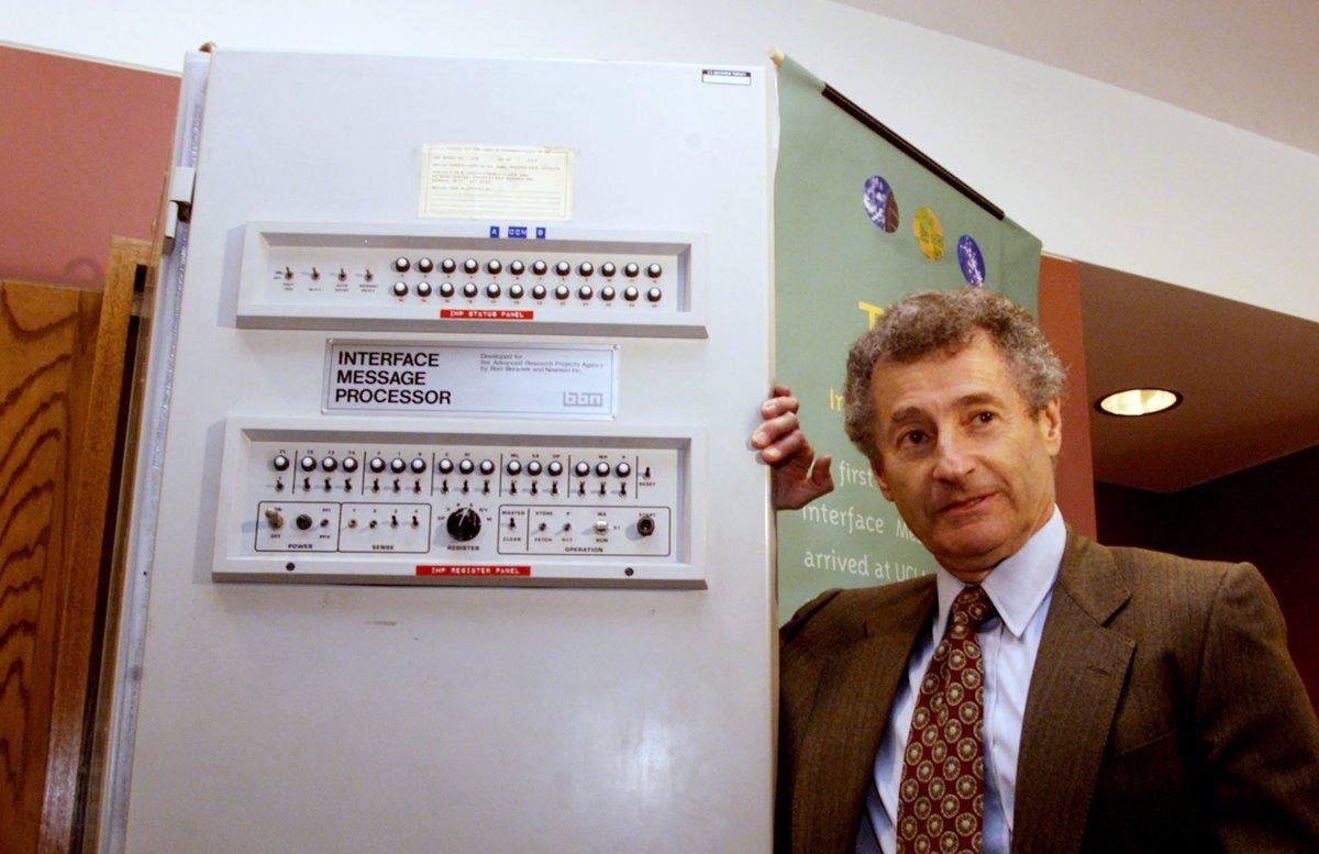 LOA05D:INTERNET:LOS ANGELES,CALIFORNIA,2SEP99 -  Dr. Leonard Kleinrock, professor of computer science at UCLA poses with the Interface Message Processor at the 30th anniversary of the Internet symposium September 2 at UCLA in Los Angeles. The processor was used 30 years at the creation of the Internet. Kleinrock is known as the inventor of the Internet Technology. The birth of the Internet  occurred when Kleinrock’s Host computer at UCLA became the first node of the Internet in September 1969. fsp/Photo by Fred Prouser REUTERS