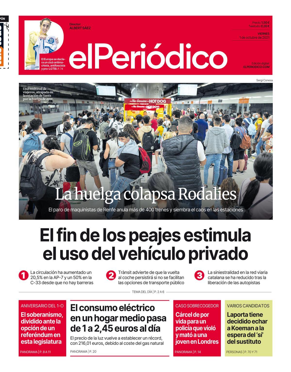 La portada de EL PERIÓDICO de l’1 d’octubre del 2021