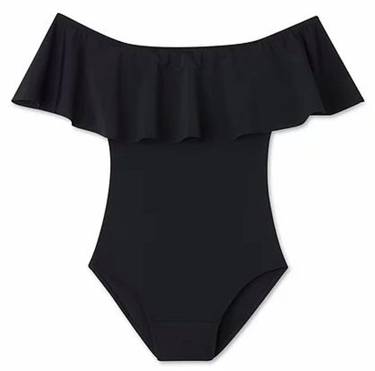 Bañador negro con volante y escote bardot de Ruby Love