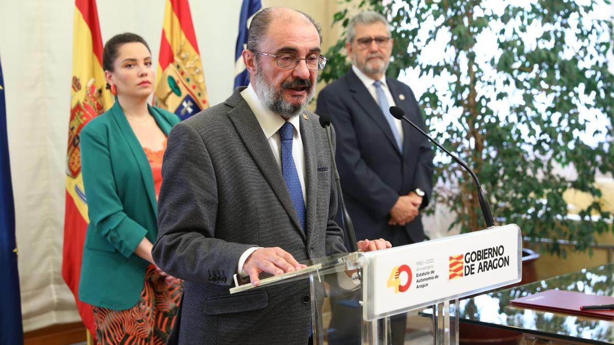 El presidente aragonés, Javier Lambán, ha valorado la situación de los Juegos de Invierno 2030 en la rueda posterior a la firma del convenio de financiación con la Universidad de Zaragoza.