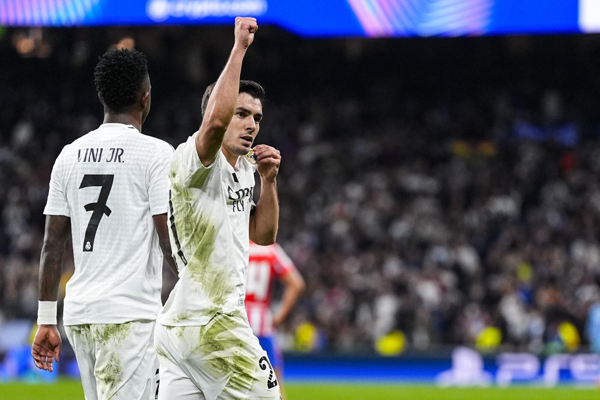 Brahim Diaz of Real Madrid celebrates a goal during the UEFA Champions League 2024/25  League Round of 16 First Leg match between Real Madrid CF and Atletico de Madrid, at Santiago Bernabeu stadium on March 04, 2025, in Madrid, Spain. AFP7 04/03/2025 ONLY FOR USE IN SPAIN. Oscar J. Barroso / AFP7 / Europa Press;2025;SPAIN;SPORT;ZSPORT;SOCCER;ZSOCCER;Real Madrid CF v Atletico de Madrid - UEFA Champions League 2024/25  League Round of 16 First Leg;