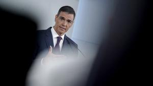 Pedro Sánchez, presidente del Gobierno durante la comparecencia en la que ha informado del apagón eléctrico del día 28.