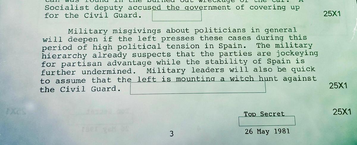 Párrafo final del informe de la CIA del 26 de mayo de 1981 sobre el asalto al Banco Central de Barcelona.