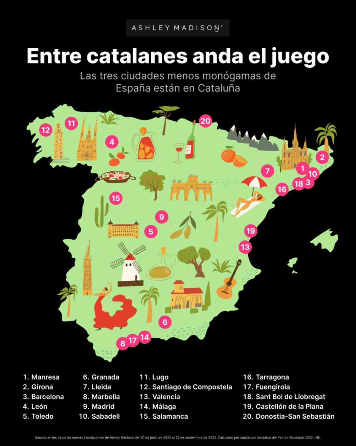 Mapa de las ciudades más infieles de España