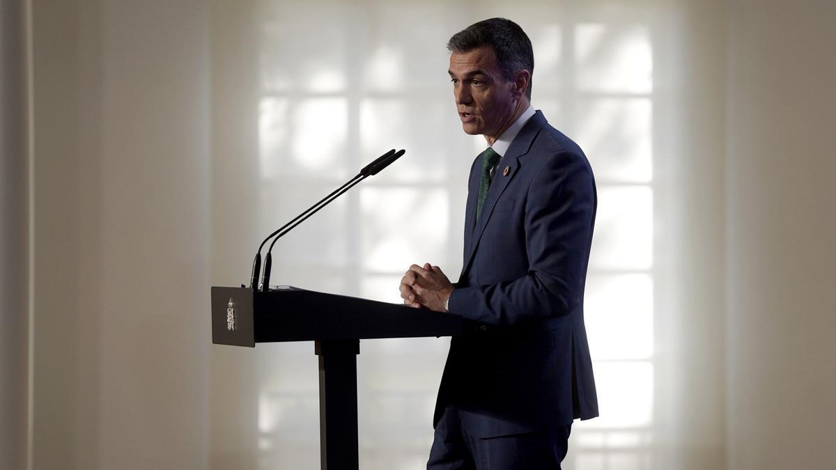 El presidente del Gobierno, Pedro Sánchez, durante su comparecencia en Moncloa este lunes para hacer balance del año.