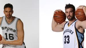 Pau Gasol, con la camiseta de su nuevo equipo, los Spurs, y su hermano Marc, un año más con los Grizzlies.