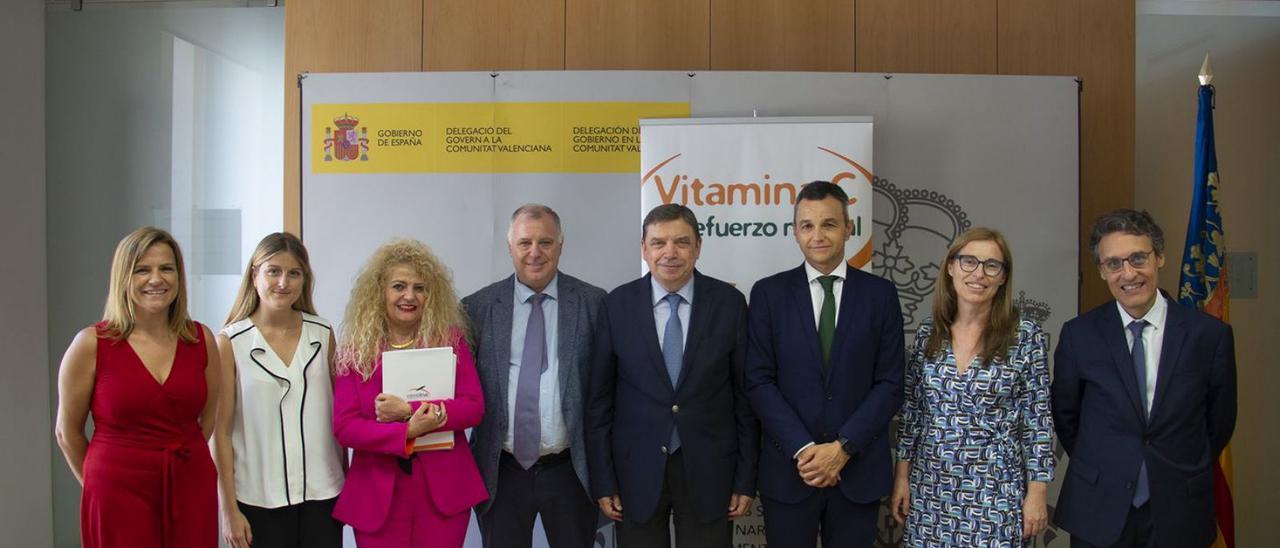El ministro Planas (en el centro), junto con los dirigentes de Intercitrus, ayer. | LEVANTE-EMV