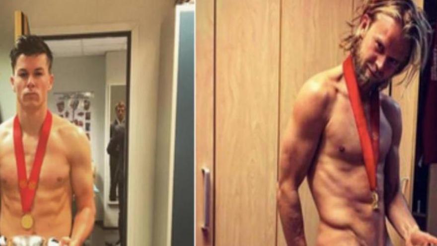Dos jugadores del Rosenborg celebran el título ¡desnudos!