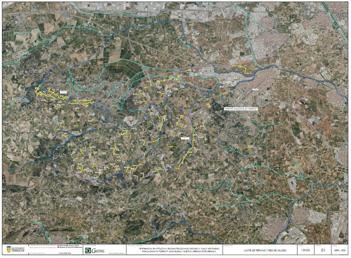 Mapa de intervención en los caminos y viales de Torrent.