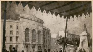 La Rambla, centro de la vida social, en parte gracias a la presencia de la entonces majestuosa fachada del Teatro Principal.