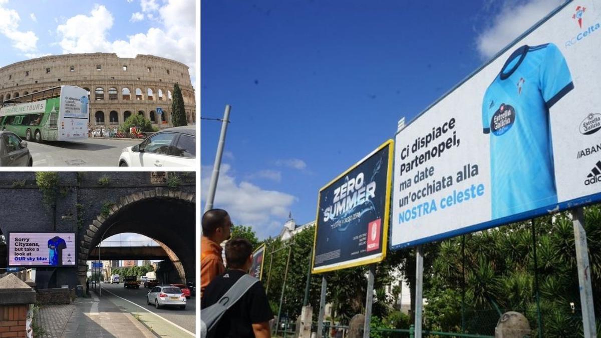 Los carteles que exportó el Celta a Roma, Nápoles y Manchester este verano para promocionar su elástica celeste.