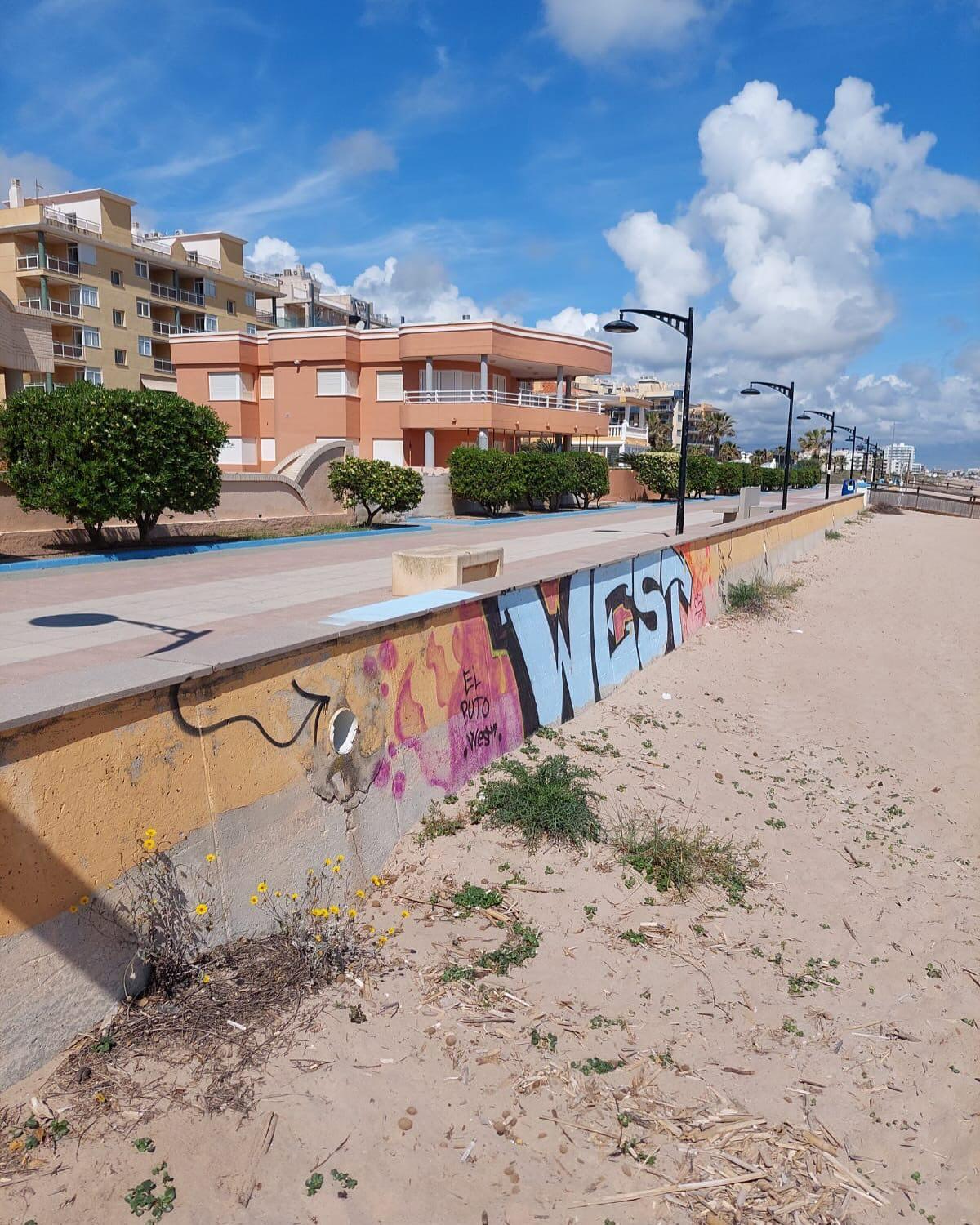 Una pintada vandálica en el paseo marítimo en Guardamar de la Safor