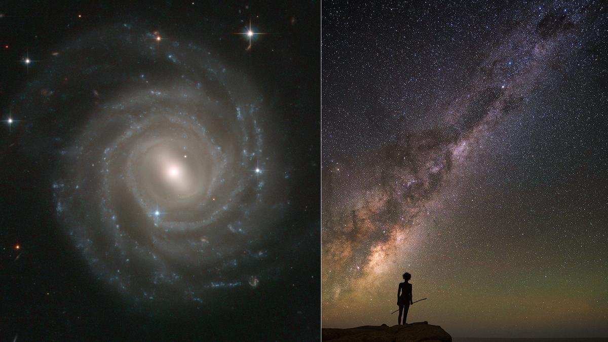 A la izquierda, UGC12158, una galaxia que suponemos morfológicamente análoga a la Vía Láctea, con la barra de estrellas alargada en diagonal. A la derecha, la Vía Láctea tal y como la vemos desde la Tierra, en su interior.