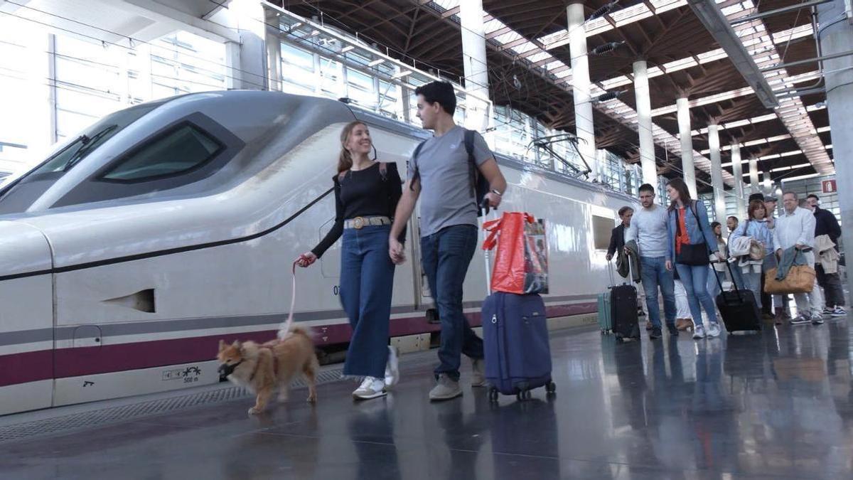 Pasajeros con un perro ante un tren AVE de Renfe.