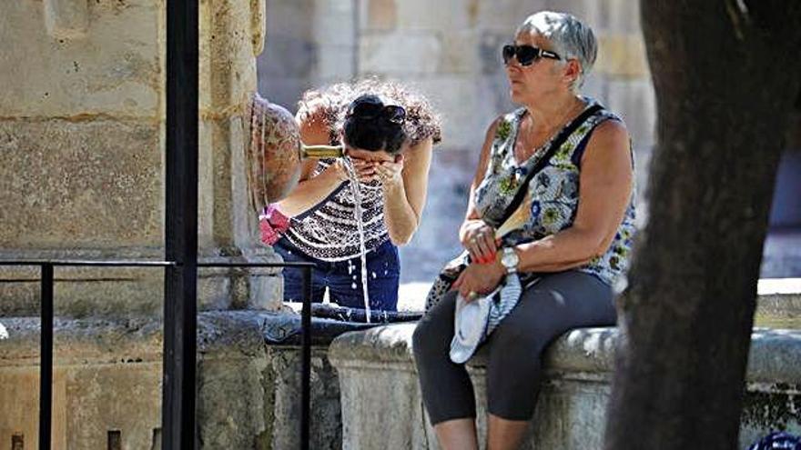 Una turista refrescant-se al Pati dels Tarongers de la mesquita de Còrdova.