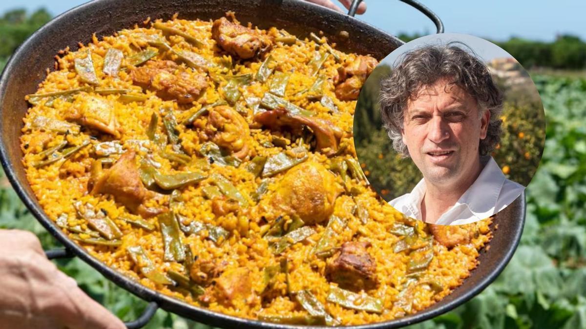 Vicente Rioja, chef valenciano, junto a una famosa paella valenciana.