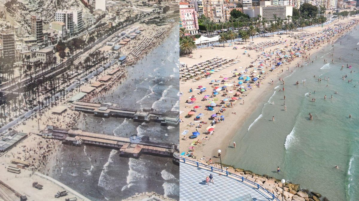 Una imagen de la exposición, en la que se aprecian dos de los antiguos balnearios, a mitad del siglo XX. A la derecha, una imagen actual del mismo sitio.