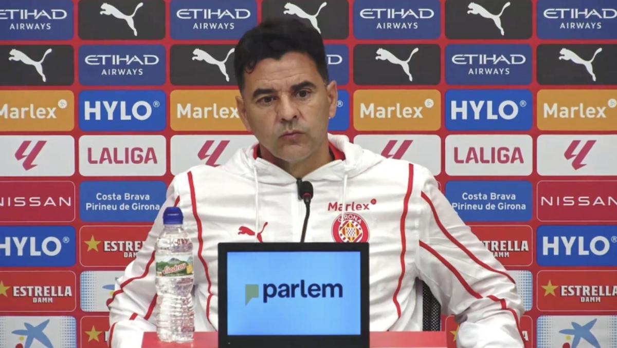 Míchel, el técnico del Girona, en la rueda de prensa previa al duelo ante el Celta en Montilivi.