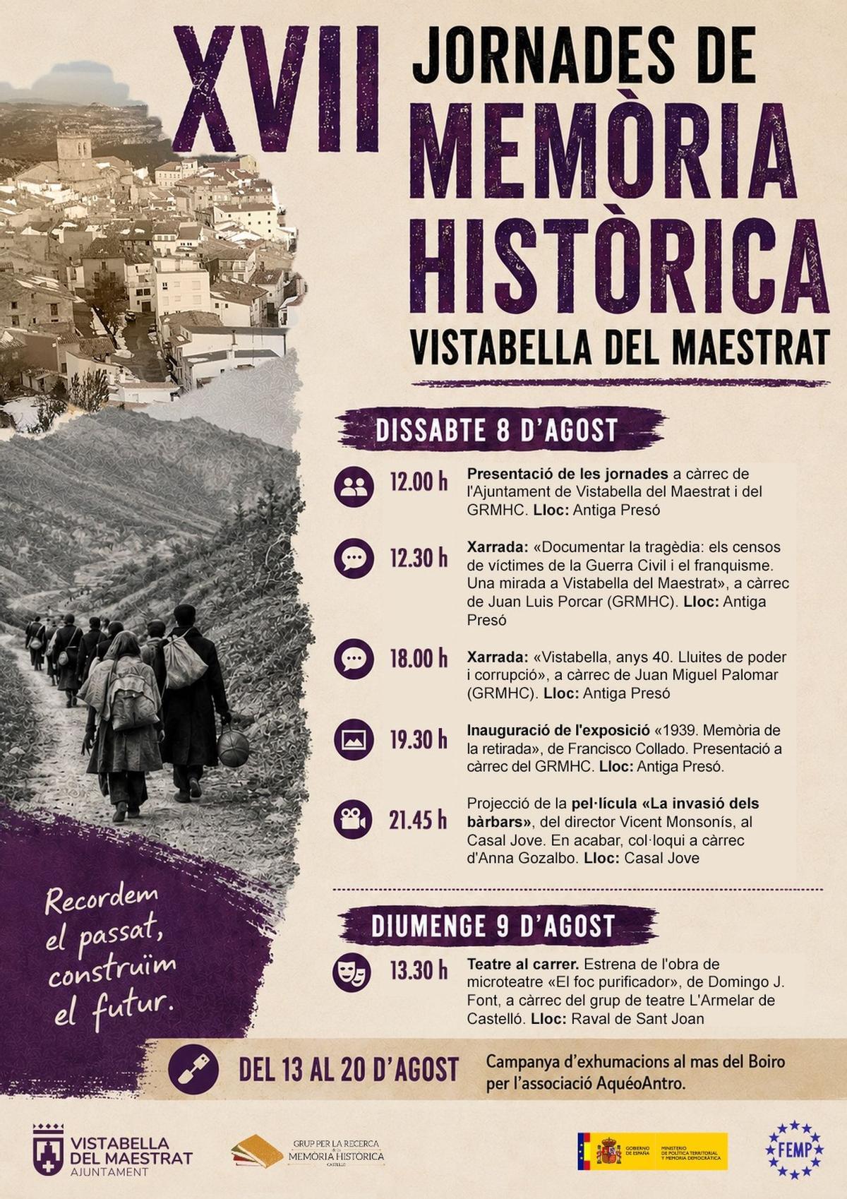Cartell amb els actes programats per a la nova edición de les Jornades de Memòria Històrica de Vistabella.