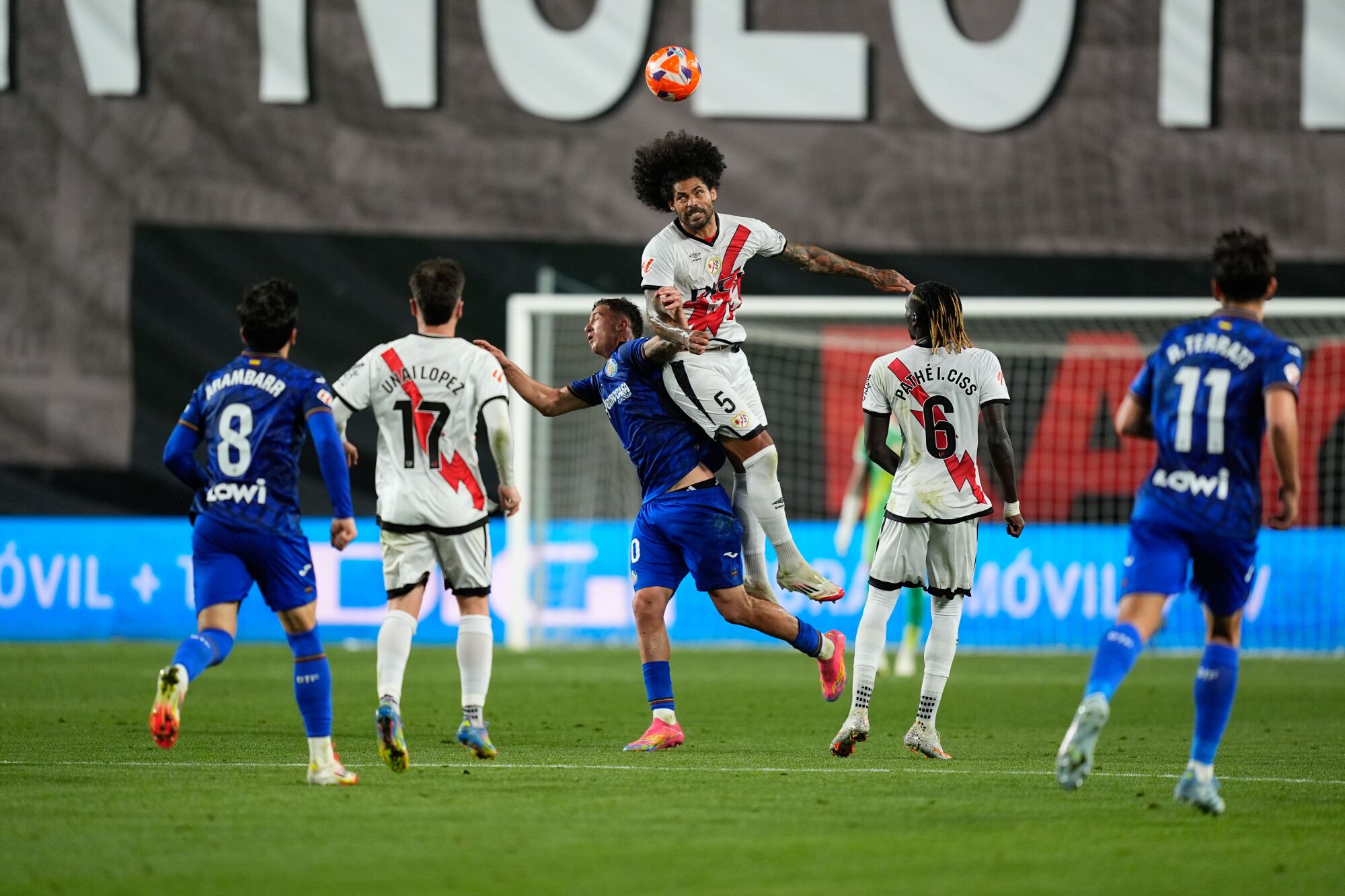 Bertug Yildirim of Getafe CF and Aridane Hernandez of Rayo Vallecano in action during the Spanish League, LaLiga EA Sports, football match played between Rayo Vallecano and Getafe CF at Estadio de Vallecas on May 02, 2025, in Madrid, Spain. AFP7 02/05/2025 ONLY FOR USE IN SPAIN. Dennis Agyeman / AFP7 / Europa Press;2025;SPAIN;SPORT;ZSPORT;SOCCER;ZSOCCER;Rayo Vallecano v Getafe CF - LaLiga EA Sports;
