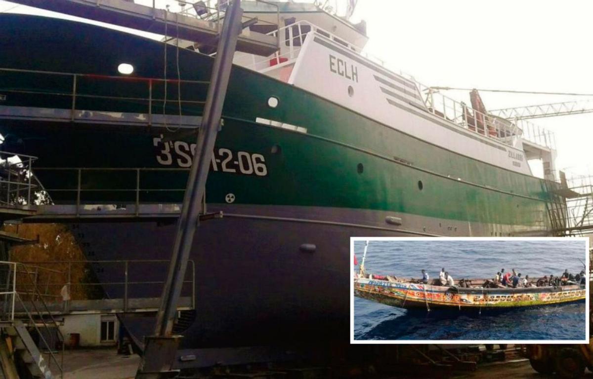 El «Zillarri», durante su transformación en macicero, con el cayuco que auxilió. |  FdV / Cedida