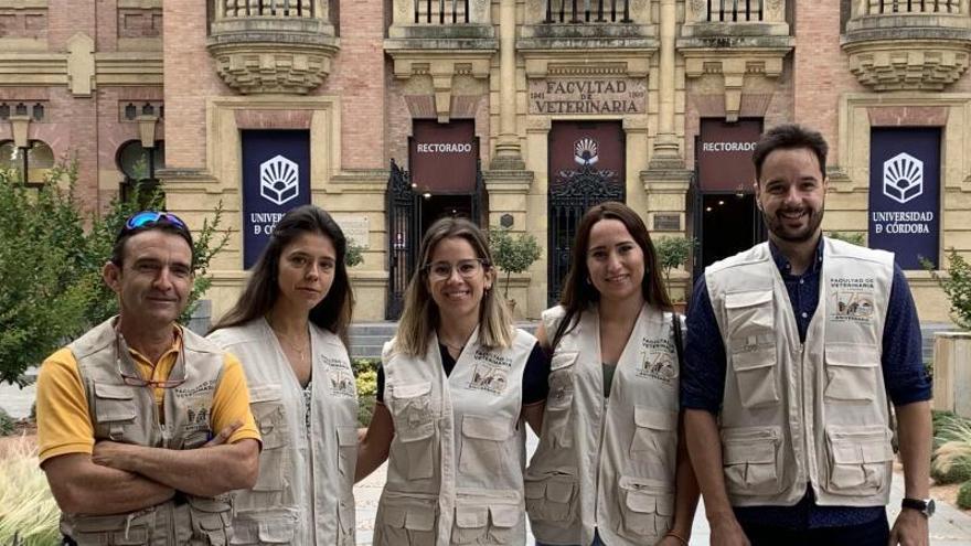 Los cuatro alumnos de Veterinaria que han participado en el Plan Aldea posan ante el Rectorado.