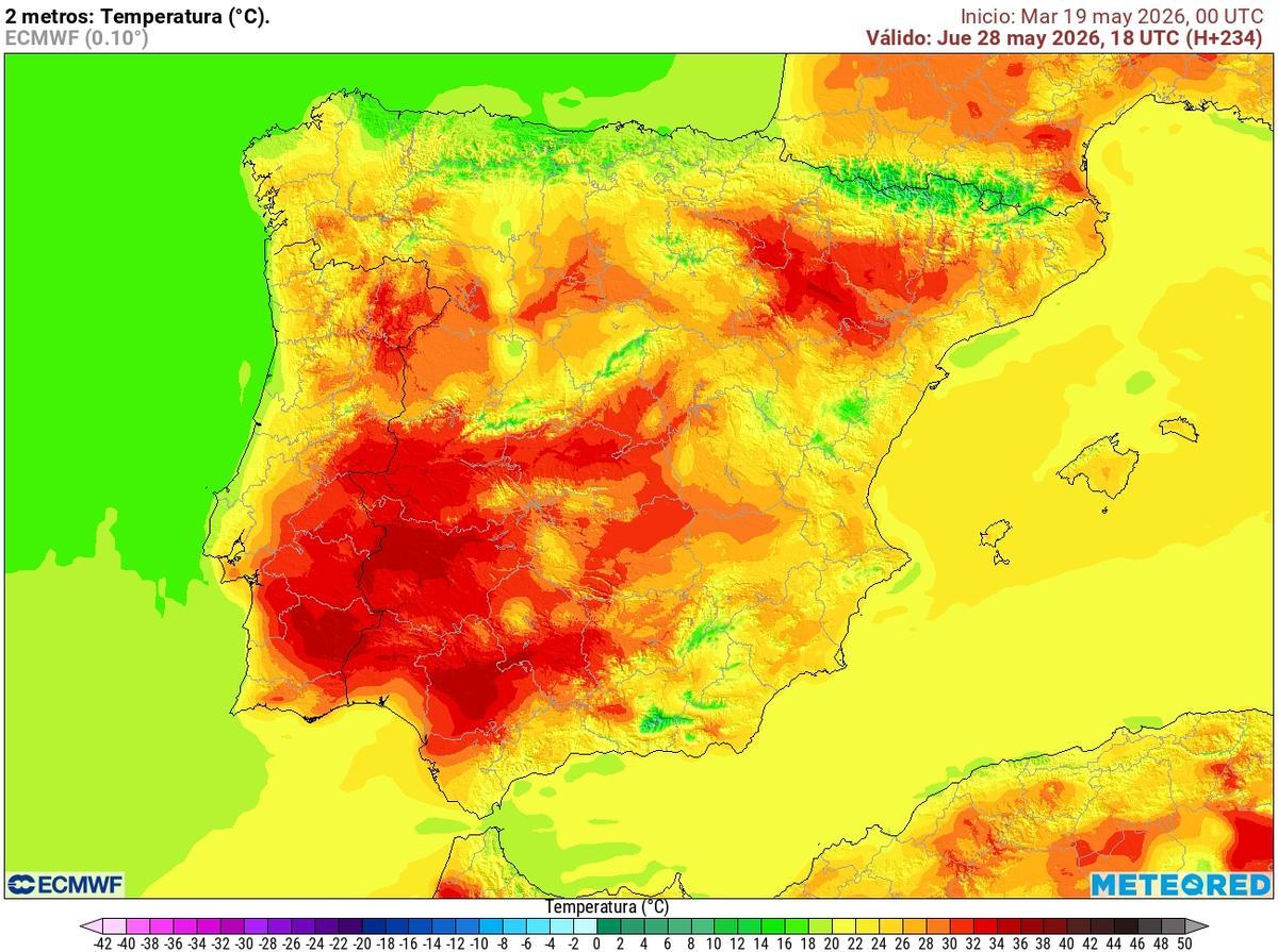 Temperaturas previstas el jueves 28 de mayo  a las 18 horas