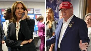 Kamala Harris, en la sede del Partido Demócrata en Washington, y Donald Trump tras depositar su voto en Florida, este martes.