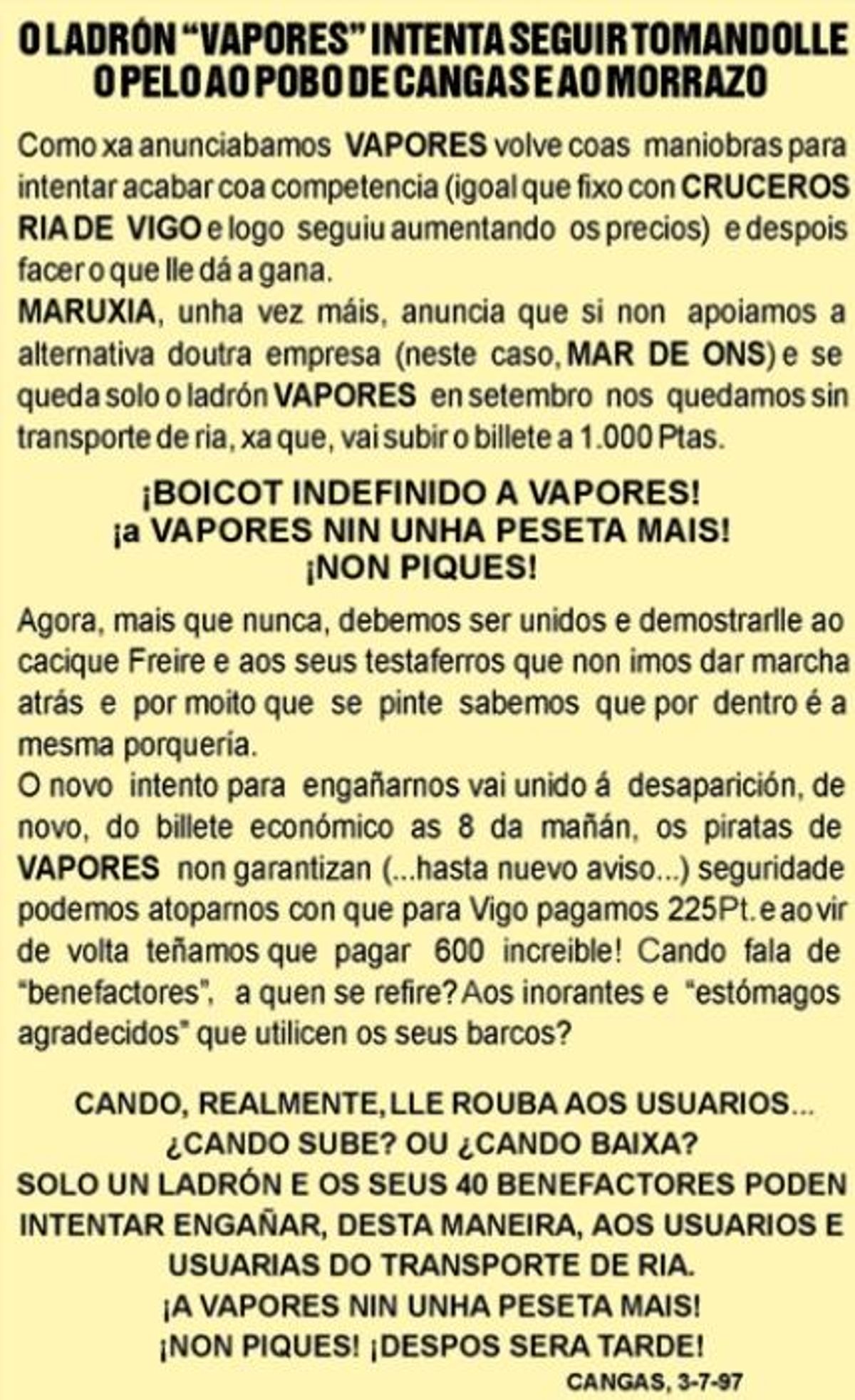 Folleto instando ao boicot a Vapores del Pasaje, en xullo de 1997.