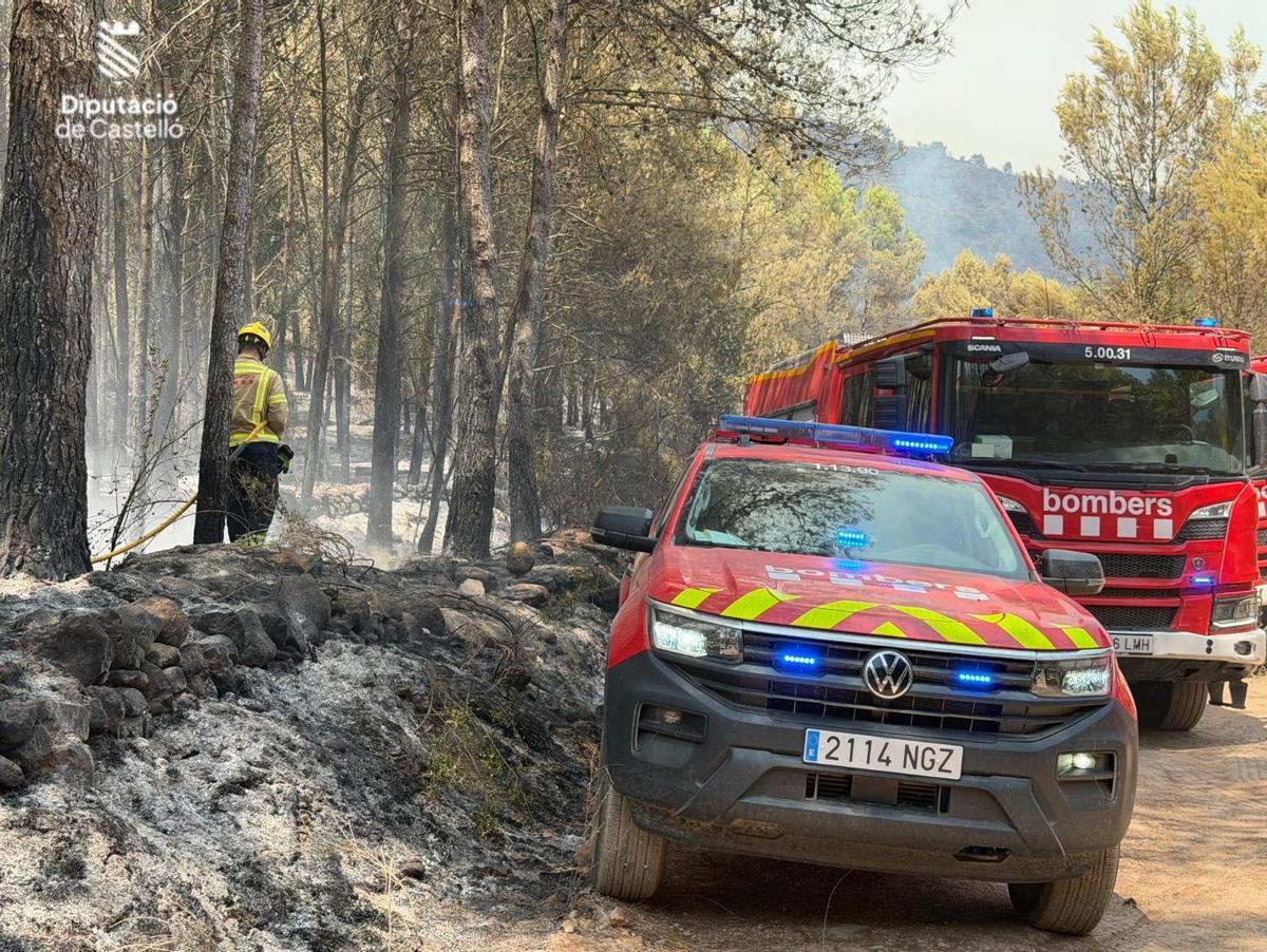 Los bomberos trabajan en los rebrotes del fuego en Artana y en Alcudia de Veo